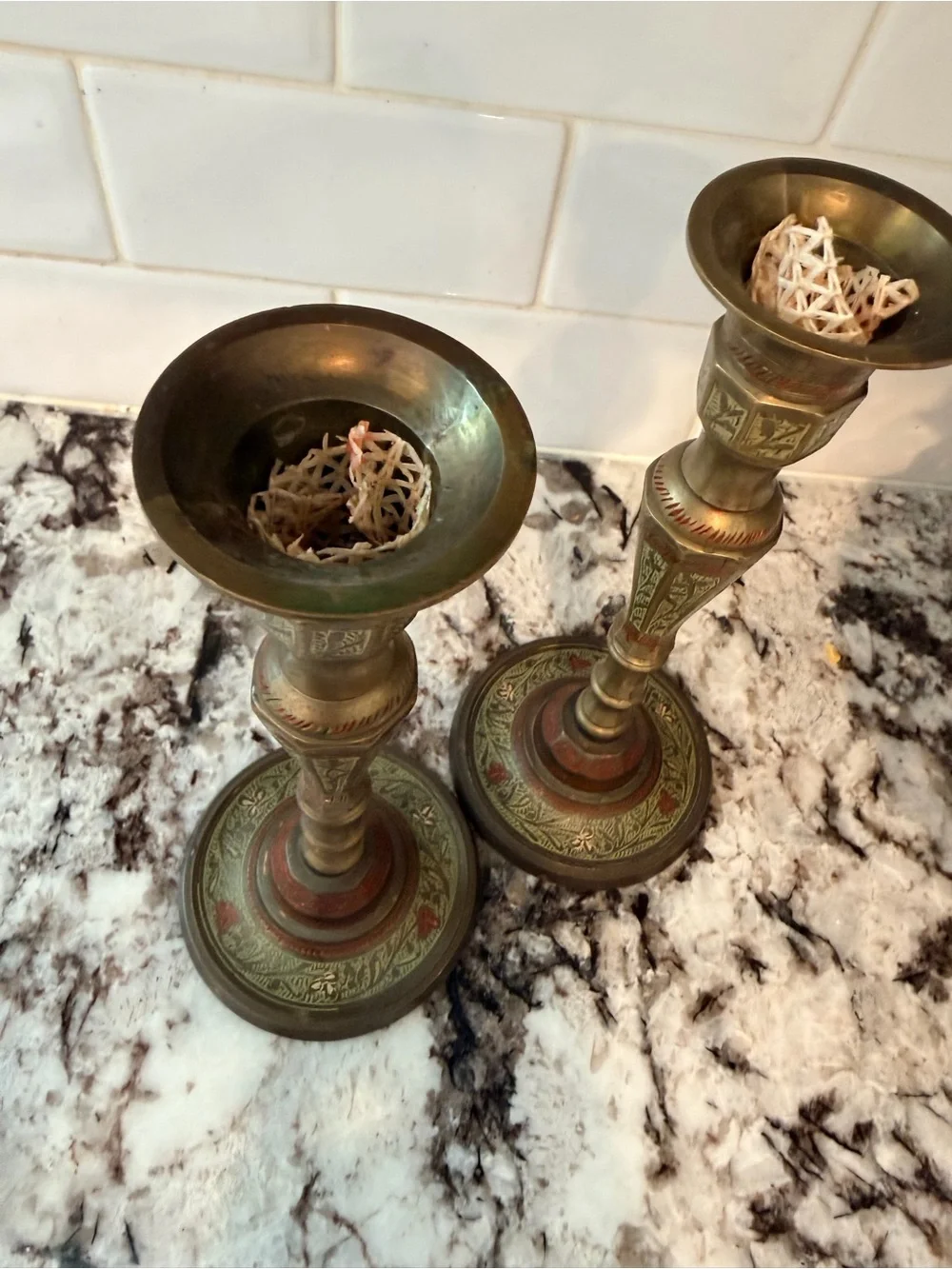 Vintage 1982 Stamped Indian Brass & Enamel Candlesticks – Matching Pair
